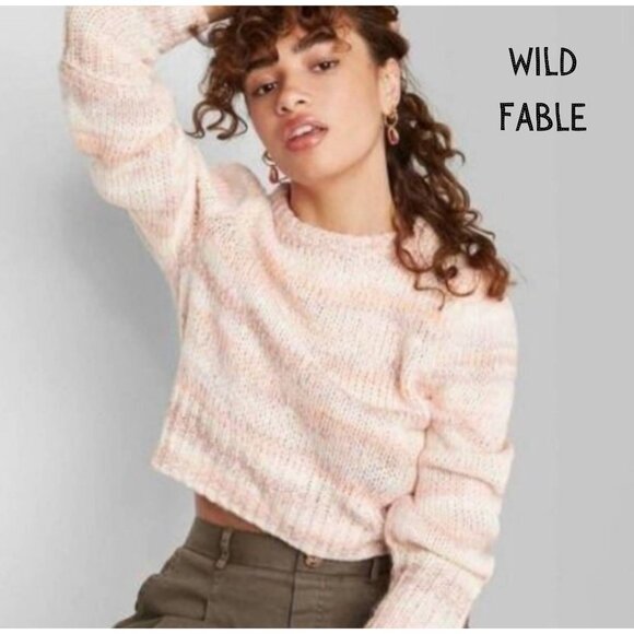 Wild Fable Sweater Pink Peach Cropped Knit Striped Crew Neck Womens - Picture 1 of 6
